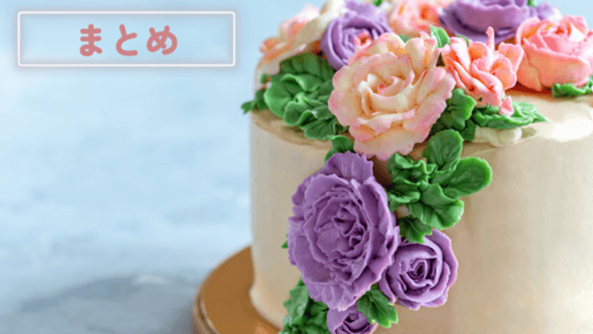 水色の背景にシュガークラフトでカラフルな花でデコレーションされたホールケーキがある画像